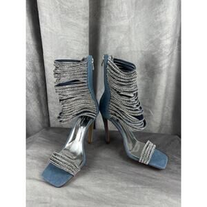 Azalea Wang Cicely Embellished Gladiator Sz 8.5 Stiletto Denim Sparkles Sexy